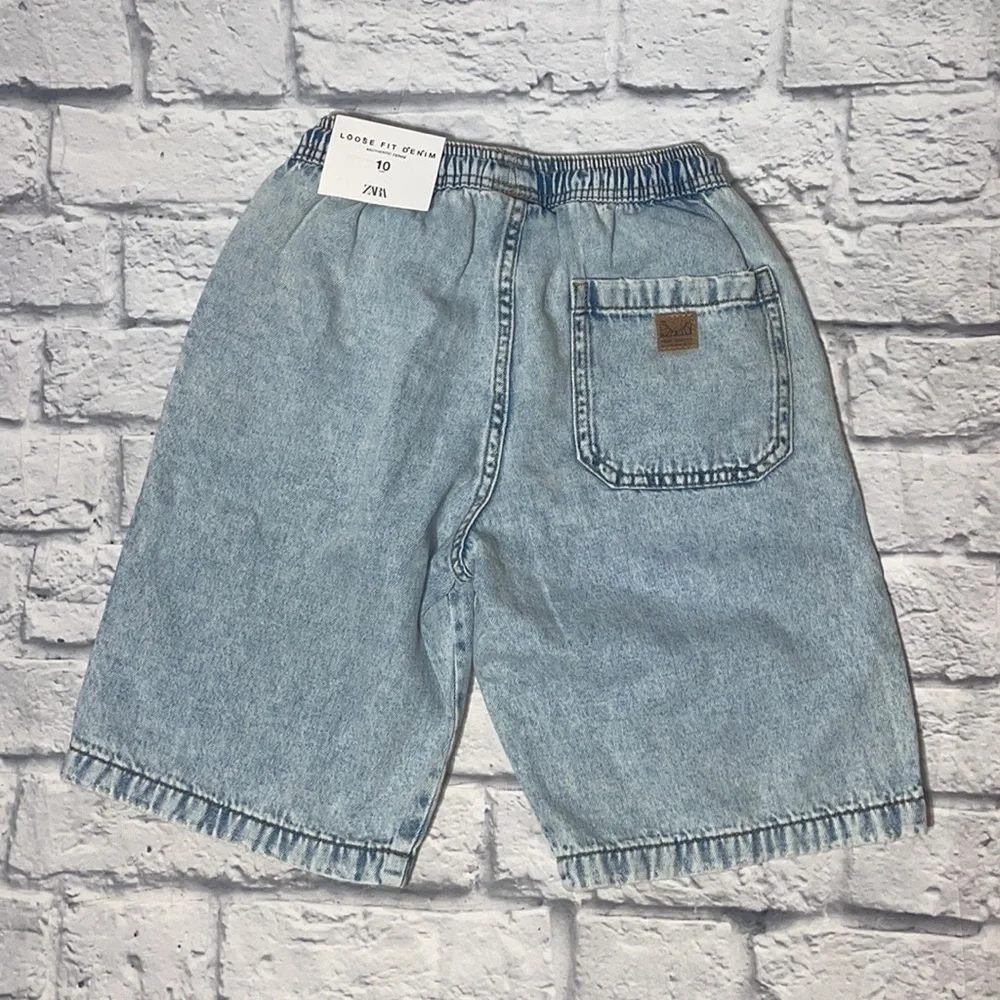Zara Youth Boy Drawstring Waist Distressed Hem Light Acid Wash Loose Jean Shorts